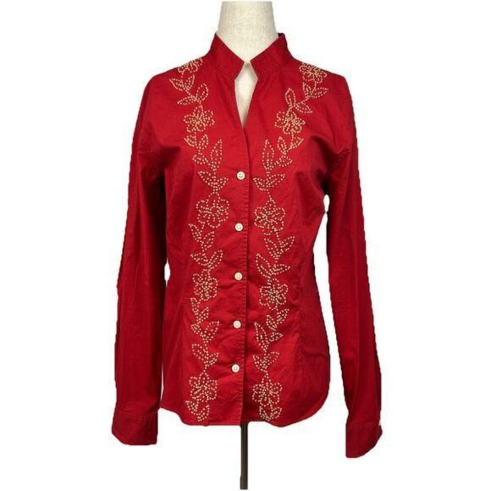 Coldwater Creek Women’s Button Up Top Large Floral Beaded Mock Neck Holiday Boho